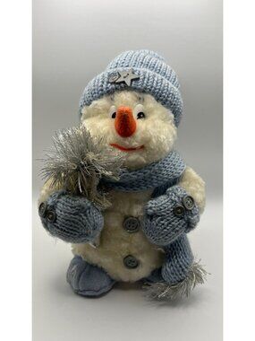 Plush Snowman Decoration With Knit Hat & Scarf Button Details And Silver Accents